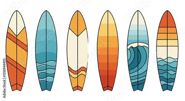 Fototapeta Row of Colorful Surfboards with Abstract Wave Designs on Beige