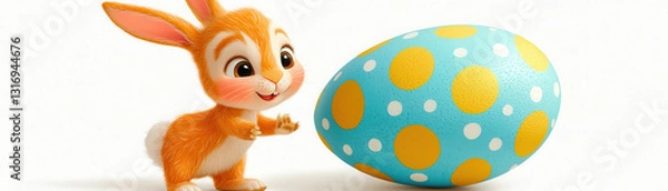 Obraz cute bunny excitedly reaching for colorful Easter egg with polka dots