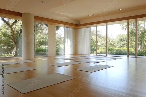 Fototapeta Peaceful yoga studio with natural light and mats arranged for practice in a serene setting