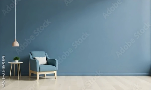 Fototapeta A blue armchair with a pillow in a room with blue walls and a light wooden floor