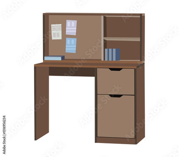 Fototapeta A wooden desk with a bulletin board on the wall