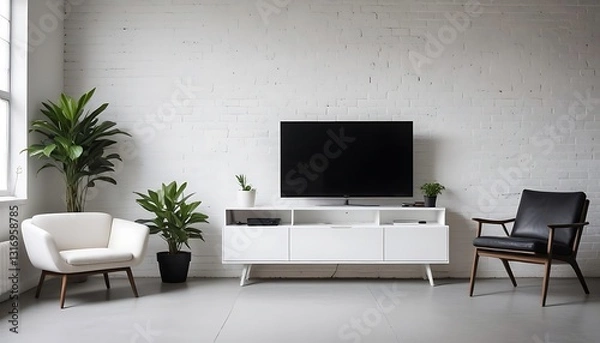 Fototapeta Minimalist Living Room Interior Design with White Brick Wall and Modern Furniture