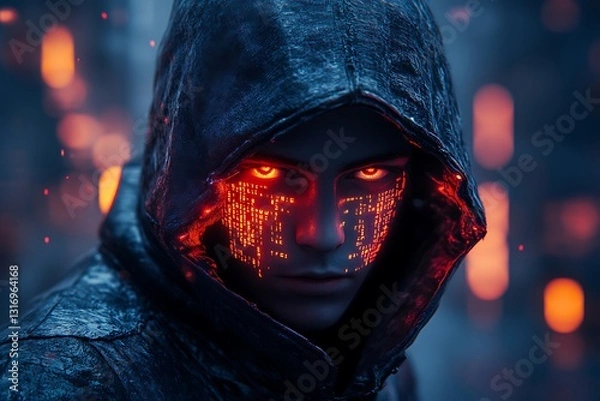 Fototapeta Rear view of incognito hacker using computer for organizing massive data breach attack on corporate servers. Secret location surrounded by displays, servers and cables. Anonymous Hacker in a Rainy Cy
