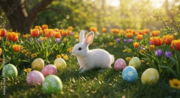 Obraz Easter bunny with colorful eggs in a grassy field celebrating the spring holiday