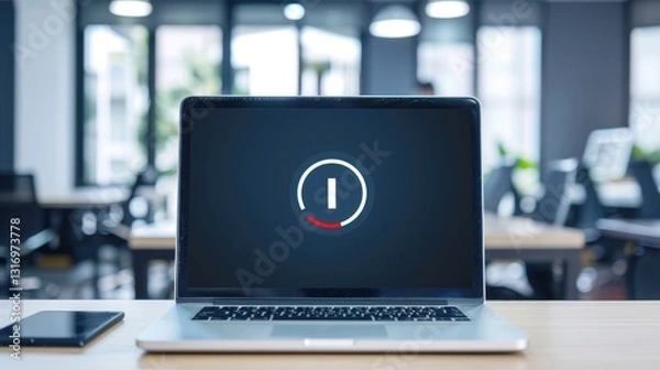 Fototapeta Close-up of a laptop screen showing a software update progress bar in a modern workspace, representing technology advancement and digital transformation concepts.