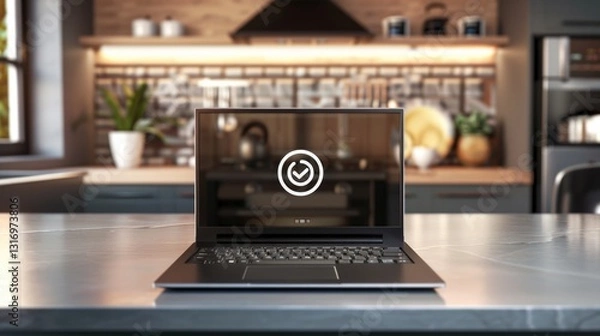 Fototapeta Close-up of a laptop screen showing a software update progress bar in a modern workspace, representing technology advancement and digital transformation concepts.