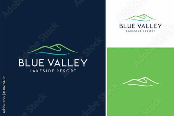Fototapeta Minimalist Landscape Rolling Hills Valley with Water for Mountain Peaks River Creek Lake Simple logo design