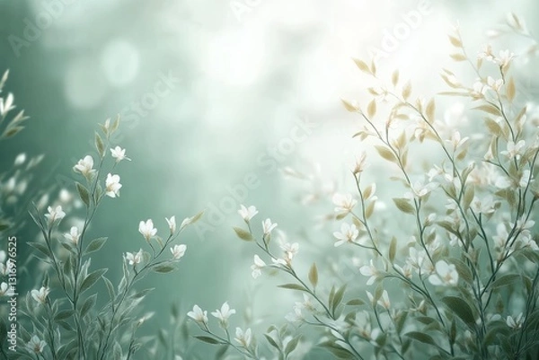 Fototapeta Elegant white flowers with delicate green leaves against a soft, dreamy background. A serene floral composition perfect for natural themes, romantic designs, and peaceful aesthetics.