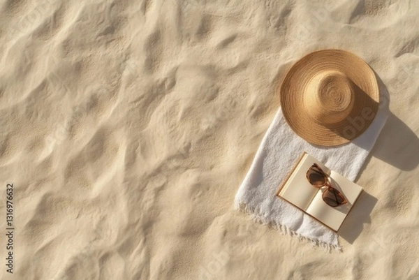 Fototapeta Beach towel set up for relaxation under the sun with sunglasses and a hat on sandy shore