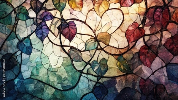 Fototapeta Ornate intertwining vines, stained glass reflections, soft watercolor texture, deep gemstone colors.
