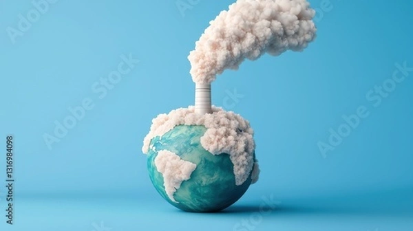 Fototapeta Earth with Smoky Factory Emitting Clouds on Blue Background