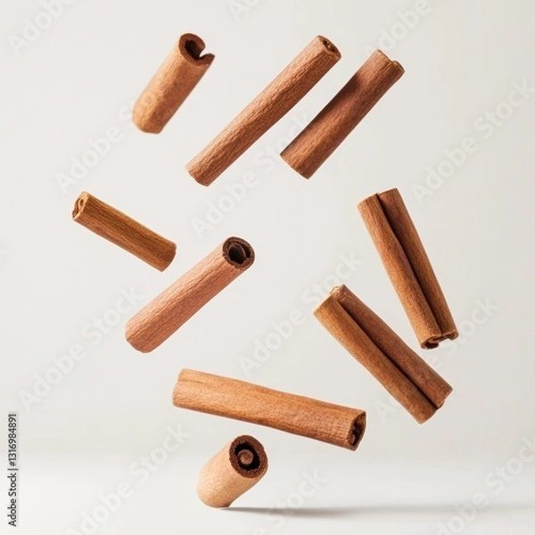 Obraz Cinnamon sticks in mid-air, showcasing their natural, warm tones