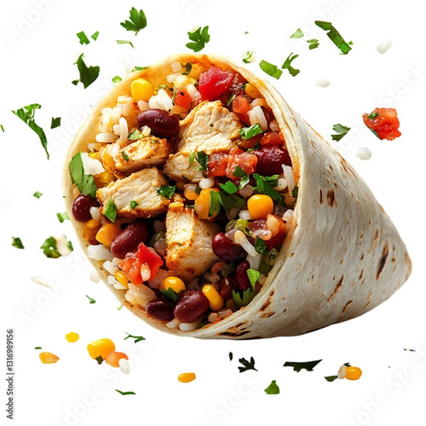 Fototapeta A Fresh Chicken Burrito with Beans Rice Salsa and Cheese Isolated on Transparent Background