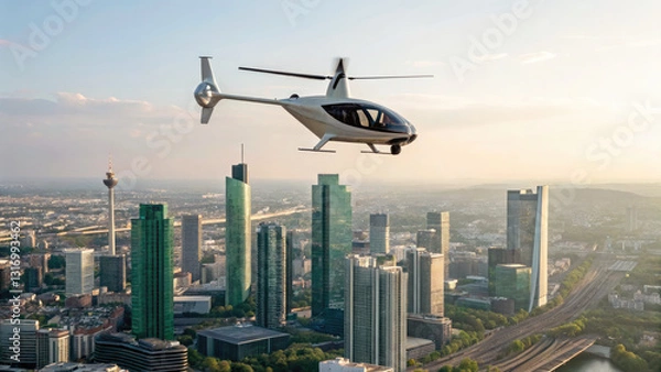Fototapeta A sleek, autonomous electric air taxi hovers above a futuristic metropolis powered by green energy, symbolizing the future of clean, efficient, and smart urban transportation.