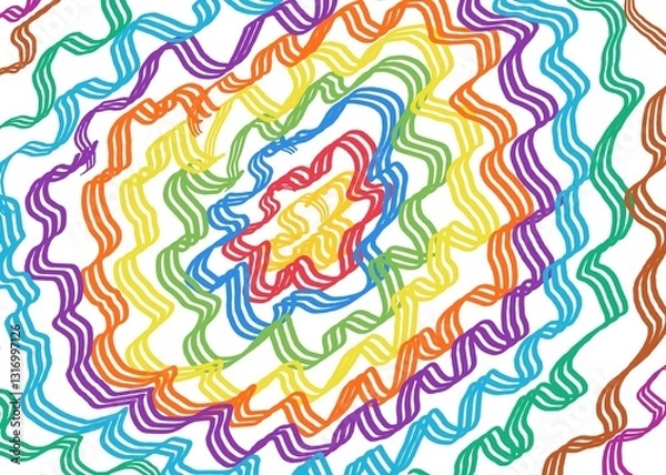 Fototapeta Vibrant abstract wavy lines in rainbow colors. Colorful hand-drawn wavy lines forming a dynamic, abstract rainbow pattern on a white background.