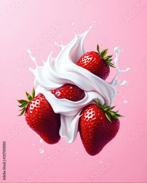 Fototapeta fresh red strawberries are cascading with a splash of cream, and the background is pink. It's a perfect image for food lovers.