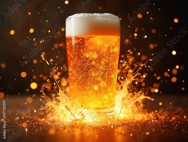 Fototapeta Glass of beer exploding with golden light and foam