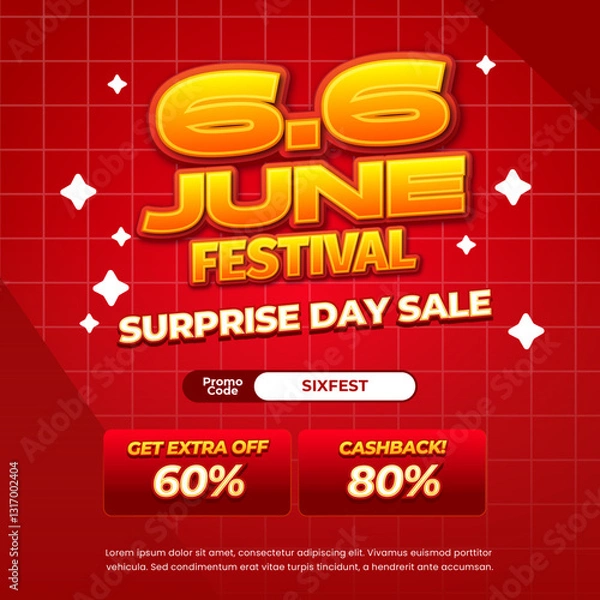 Fototapeta 6.6 June Shopping day Sale discount deals vibrant deep red gradient Editable text effect cute grid style background Promotional banner flyer Template