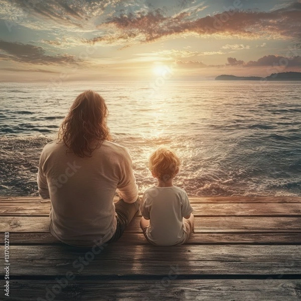 Fototapeta 3d A father teaching his child how to use a camera, capturing a beautiful sunset together