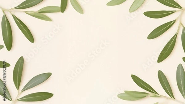 Fototapeta Green Olive Branches Frame on Beige Background