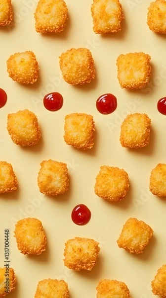 Fototapeta Geometric arrangement of golden fried potato bites and bright red ketchup dots on a soft yellow canvas