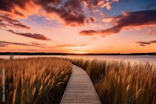 Obraz Sunset Serenity on the Coastal Marsh Boardwalk: Where Nature and Visitors Unite