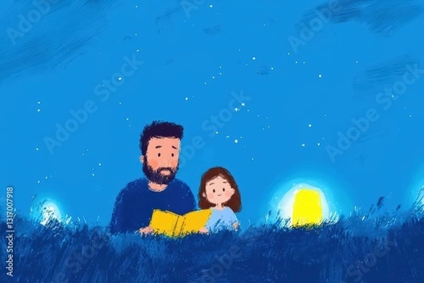 Fototapeta A father reading a bedtime story to his child, warm golden light illuminating their faces, cozy and nostalgic