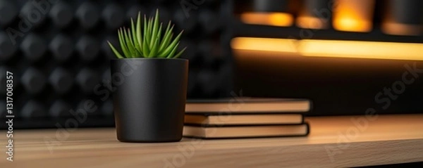 Obraz Potted Succulent Plant on Wooden Table with Books and Abstract Background Artistic Home Decor