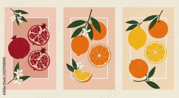 Fototapeta Colorful fruit illustrations, pomegranates and oranges and lemons, botanical art style, flat design, pastel background, vibrant colors, simple shapes, leaves and blossoms