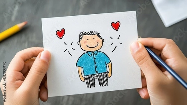 Fototapeta A handmade Father's Day card with a child's doodle of their dad, colorful and filled with love