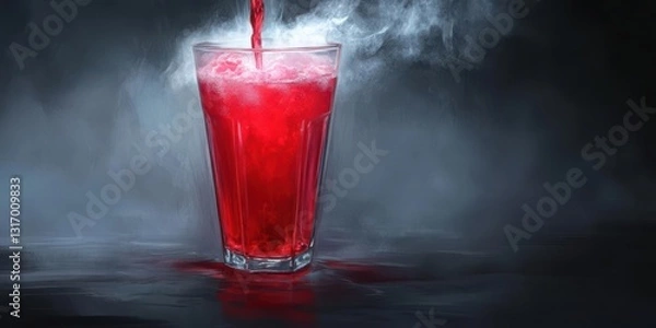 Fototapeta A vibrant red drink being poured into a clear glass, surrounded by a misty atmosphere