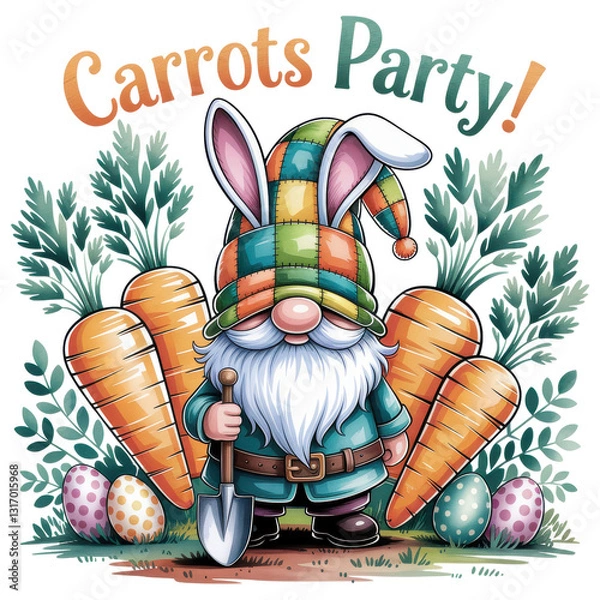 Obraz Whimsical Easter Gnome with Bunny Hat and Carrots – Carrot Party Fun