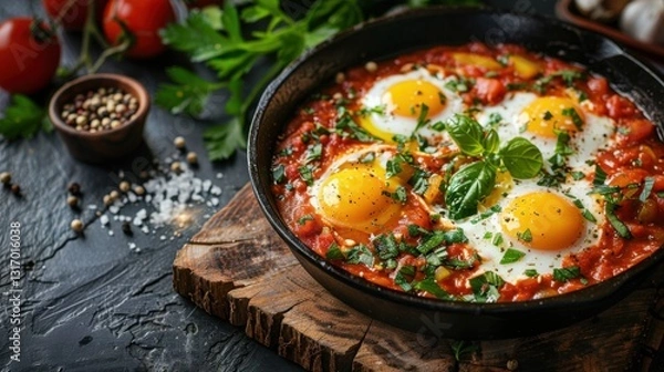 Fototapeta Delicious Shakshuka with Fresh Herbs and Eggs in a Rustic Cast Iron Pan on a Wooden Board