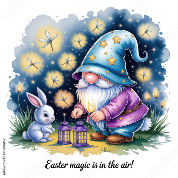 Obraz Whimsical Easter Gnome Wizard with Bunny and Fireflies in a Magical Night