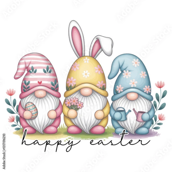 Obraz Cute Easter Gnomes in Pastel Hats with Bunny Ears, Flowers, and Eggs