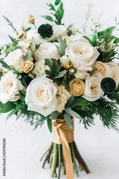 Fototapeta A close-up of exquisitely arranged white roses and hydrangeas intertwined with golden hues, set against lush greenery, capturing elegance and natural beauty