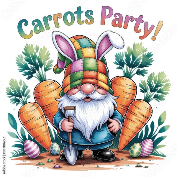 Obraz Playful Easter Gnome with Bunny Hat and Carrots – Carrot Party Delight