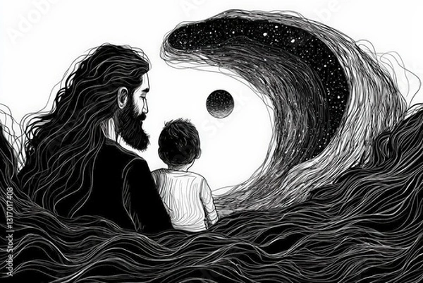 Fototapeta Line art of a father and child watching the stars together, Father's Day concept, soft and flowing lines, emotional and dreamy, black ink on white paper