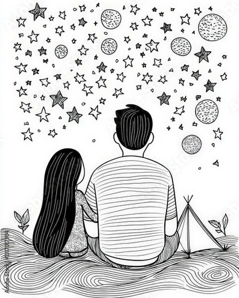 Fototapeta Line art of a father and child camping under the stars, Father's Day theme, soft and flowing lines, focus on adventure and bonding, minimalist style