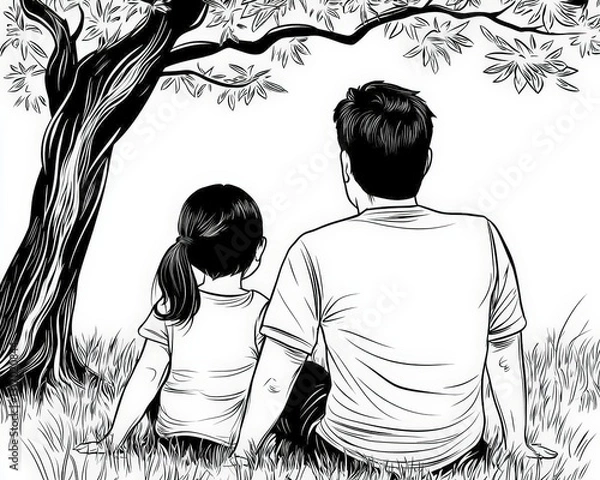 Fototapeta Line art of a father and child sitting under a tree, Father's Day concept, soft and flowing lines, focus on peace and connection, monochrome