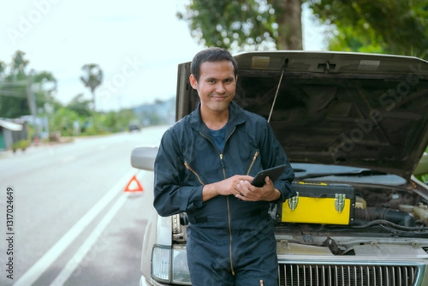 Fototapeta Mechanic checks tablet for information while standing by broken car on roadside during daytime