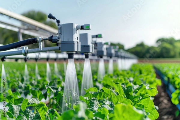 Fototapeta Automatic irrigation system watering green lettuce plants on a sunny day.