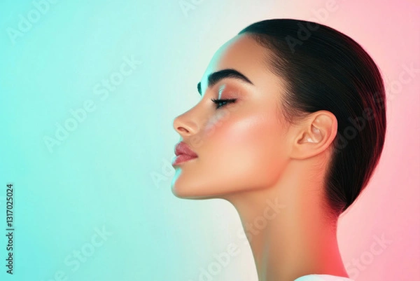 Fototapeta Beautiful profile portrait of a woman with glowing skin against a colorful background.