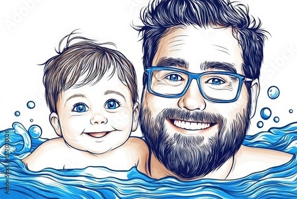 Fototapeta Minimalist line drawing of a father teaching his child to swim, Father's Day theme, dynamic and flowing lines, focus on trust and support
