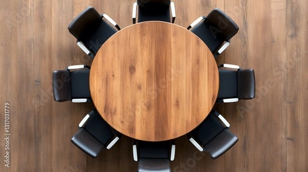 Obraz Round Wooden Table Surrounded by Black Office Chairs from Above