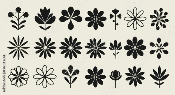 Fototapeta Simple black flower icons, minimalist floral designs, geometric petals, monochrome graphic elements, repeating pattern, symmetrical shapes, retro style flower