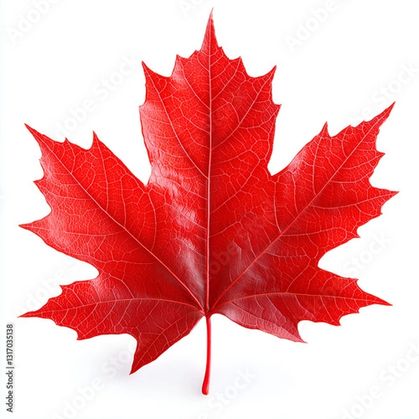 Fototapeta A vibrant red maple leaf, showcasing intricate details and a glossy surface, symbolizes the beauty of autumn foliage.