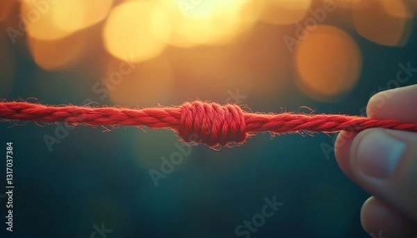 Fototapeta Symbolic red thread between two people, intertwined destinies, softfocus light, closeup emotional connection, dramatic photography, Midjourney V6