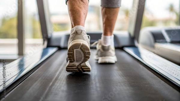 Fototapeta close up of senior person feet walking on treadmill, showcasing fitness and health. scene captures determination and effort involved in maintaining active lifestyle