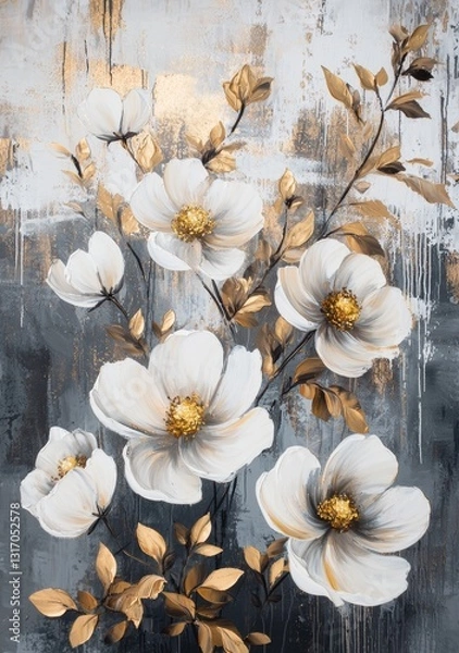 Fototapeta Beautiful Painting of White Flowers with Gold Leaves on Grey Background Oil on Canvas with Visible Brush Strokes